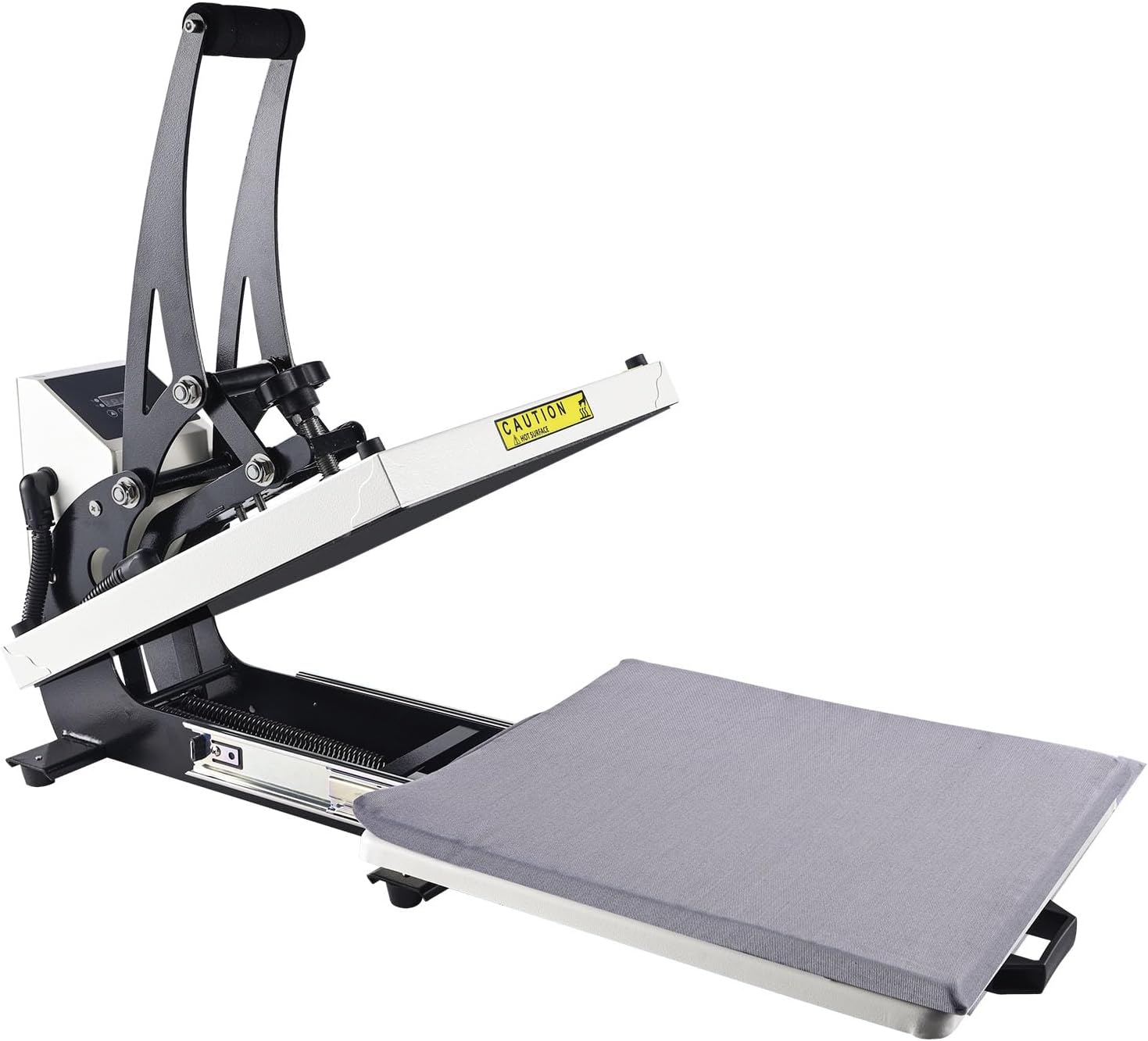 ColorSub 15 x 15 inch white heat press with its gray lower platen drawer fully extended